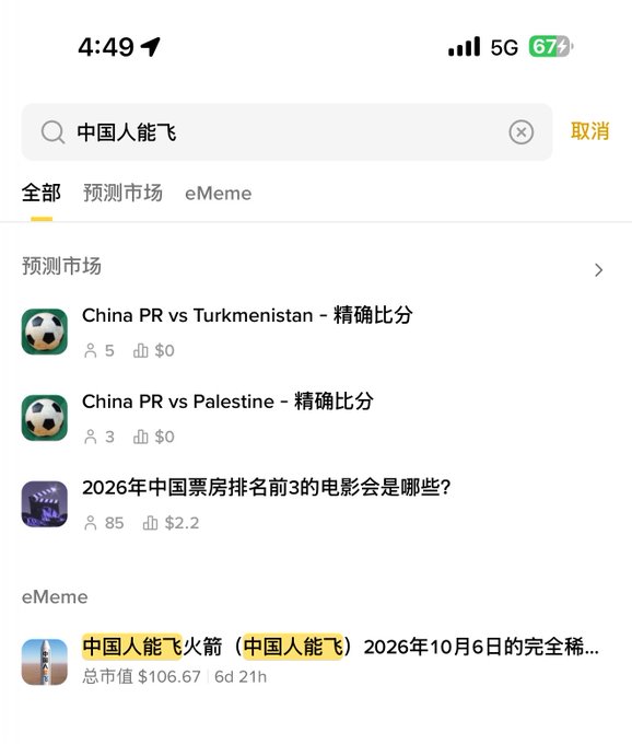 A mobile search interface displaying results for "中国人能飞" (Can Chinese people fly) in Chinese, showing prediction market items including "China PR vs Turkmenistan" and "China PR vs Palestine" matches, plus an eMeme entry titled "中国人能飞火箭" with a total market value of $106.67.
