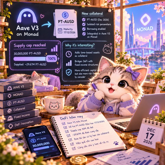 An illustration featuring a cute kitten with a purple bow writing in a notebook, surrounded by information about "Aave V3 on Monad" and "Supply cap reached".