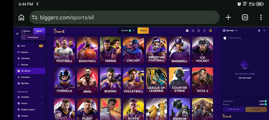 A mobile browser screenshot shows the biggerz.com/sports/all betting website featuring various sports categories including Football, Basketball, Tennis, Cricket, MMA, Boxing, and esports like League of Legends and Dota 2.