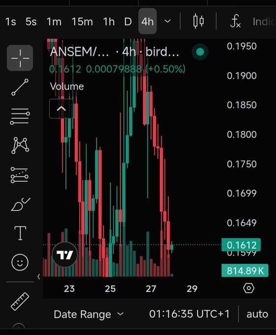 TradingView 4-hour candlestick chart for the ANSEM/...bird... trading pair, showing price at 0.1612 (+0.50%) with high volatility between 23 and 27.