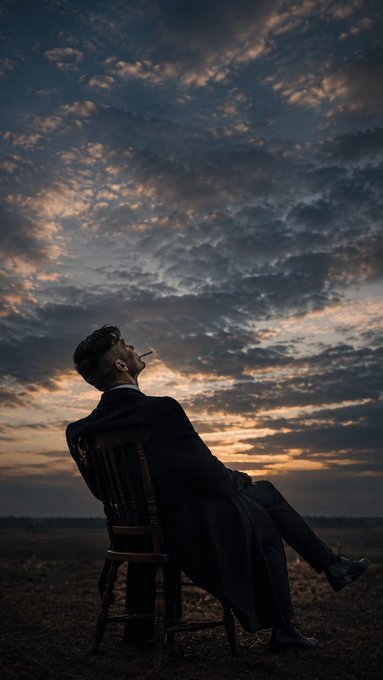 A man in a dark suit sits in a wooden chair under a dramatic cloudy sky at sunset, leaning back with his face to the sky.