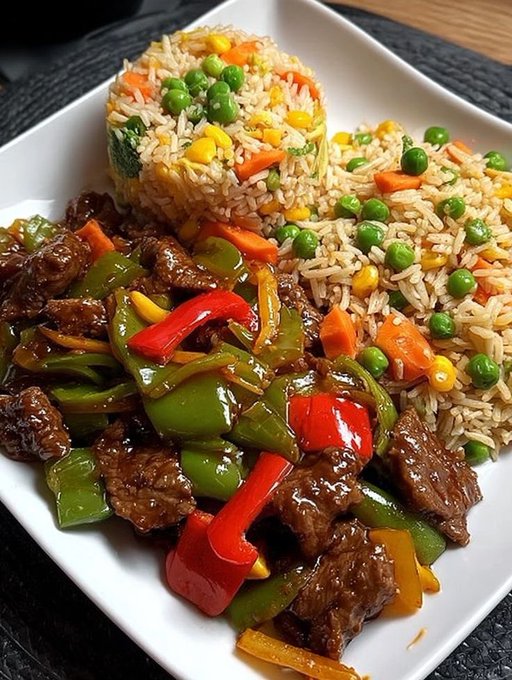 A plate of stir-fried beef with bell peppers (red and green) in a savory brown sauce, served alongside a mound of fried rice mixed with peas, carrots, and corn.