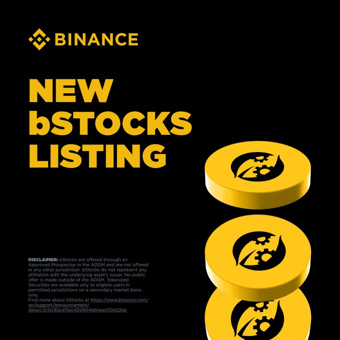 Binance announces the listing of BNCB on the bStocks market with a 1:1 USDT exchange, displayed alongside three stacked yellow bStocks coins against a black background featuring the Binance logo and disclaimer text.
