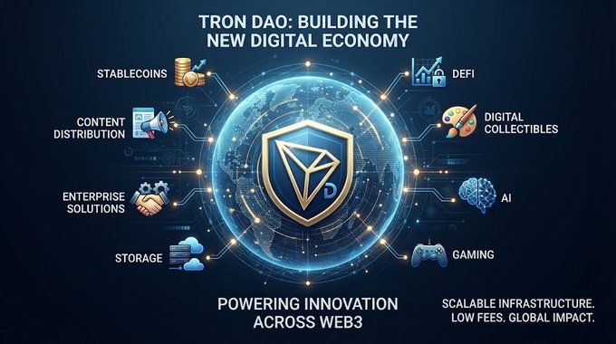 A promotional graphic for 'TRON DAO: BUILDING THE NEW DIGITAL ECONOMY' features a central gold shield logo surrounded by icons labeled 'STABLECOINS', 'DEFI', 'DIGITAL COLLECTIBLES', 'AI', 'GAMING', 'STORAGE', 'ENTERPRISE SOLUTIONS', and 'CONTENT DISTRIBUTION', with the tagline 'POWERING INNOVATION ACROSS WEB3'.