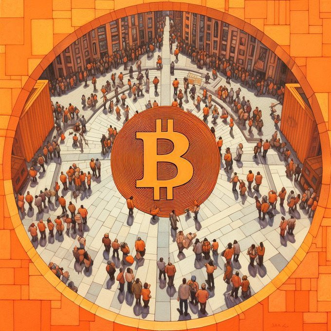 An illustrated, circular, bird's-eye view shows a large crowd of people in orange gathered around a massive Bitcoin symbol set into a tiled floor.