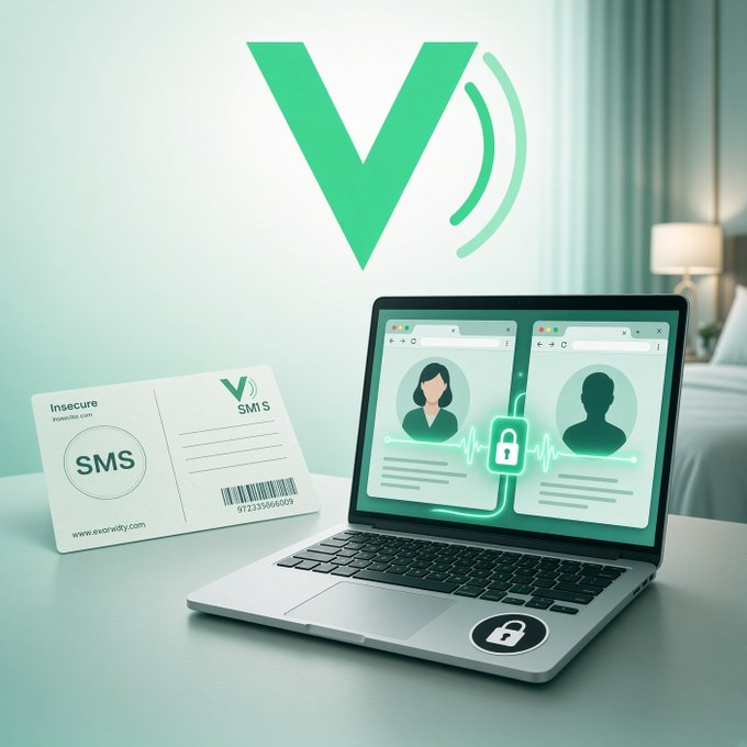 A promotional image showing a laptop displaying secure video calling, an 'Insecure SMS' card, and a green 'V' logo with sound waves.