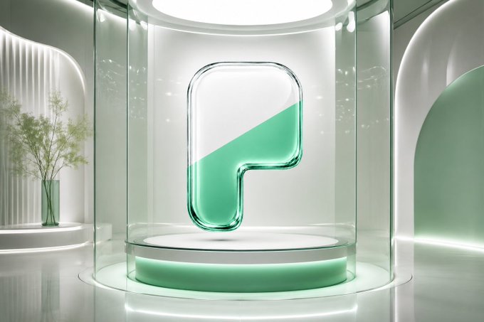 3D rendered glossy green and white letter 'P' displayed inside a glass cylindrical display case in a modern white showroom setting.