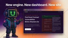 A promotional graphic with the text 'New engine. New dashboard. New site' featuring a cartoon robot mascot and a preview of a dashboard interface with the headline 'Find Smart Contract Vulnerabilities Before Attackers Do'.