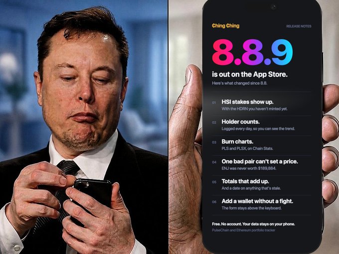 A split image: on the left, Elon Musk looks down at a smartphone, and on the right, a phone displays the App Store release notes for "Ching Ching" version 8.8.9, listing features like "HSI stakes show up" and "Holder counts."