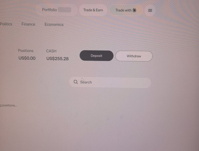 A screenshot of a trading portfolio interface showing tabs for 'Portfolio', 'Trade & Earn', and 'Trade with', with cash displayed as US$255.28 and positions at US$0.00.
