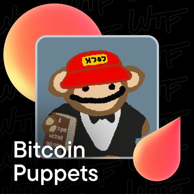 A stylized graphic for 'Bitcoin Puppets' featuring a pixel-art monkey wearing a red cap with a yellow logo and a tuxedo, holding a book, set against a dark background with 'WTF' patterns.