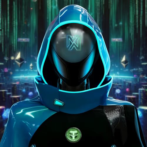 A hooded figure in a sleek blue and black futuristic suit with glowing cyan accents features the MetaMask logo on its face mask and a Tether (USDT) emblem on the chest, set against a digital rain cityscape. This avatar reflects the user's new MetaWin Legend111 PFP following their report of being scammed and request to deactivate their old account #8949.