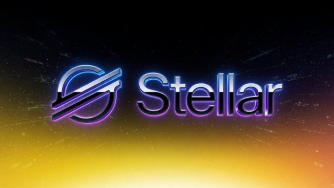 A stylized 'Stellar' logo featuring purple and blue neon-style text with its signature emblem on a dark, space-themed background with warm orange lighting.