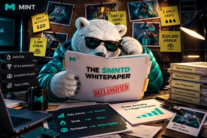 A promotional graphic for 'MINT' ($MNT) featuring a bear in sunglasses and a teal jacket reading a 'DECLASSIFIED' whitepaper, surrounded by sticky notes advertising 'DAILY ACTIVITY $20', '5-DAY STREAK', 'FIRST 20 USERS', and a '$125,000 AIRDROP'.