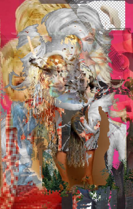 A vibrant, chaotic digital collage featuring layered imagery of figures, textures, and musical elements rendered in bold pinks, oranges, and earth tones.