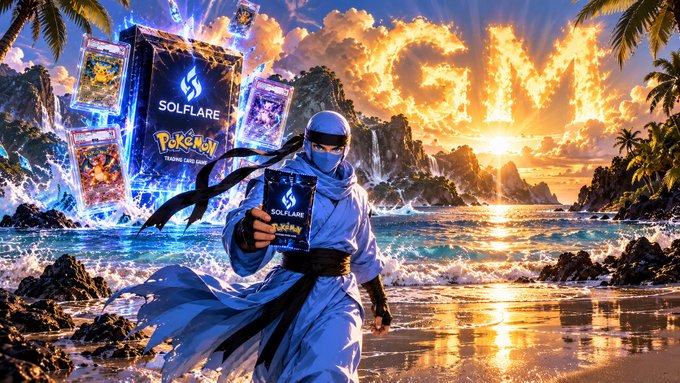 A promotional digital artwork featuring a ninja character holding a card with 'SOLFLARE' and 'Pokémon' logos against a fiery 'SOL' sunset beach scene.