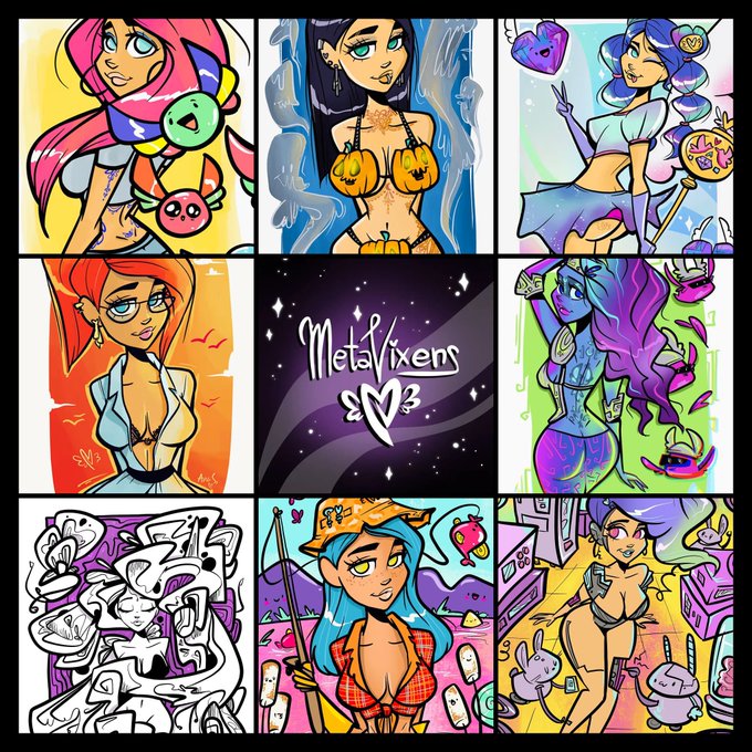 A 3x3 grid of colorful anime-style digital art featuring various female characters, with the center panel reading 'MetaVixens' with a heart logo.