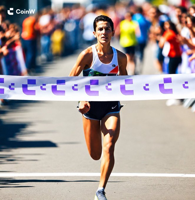 An AI-generated image showing a male runner crossing a finish line tape branded with 'CoinW' cryptocurrency logo.