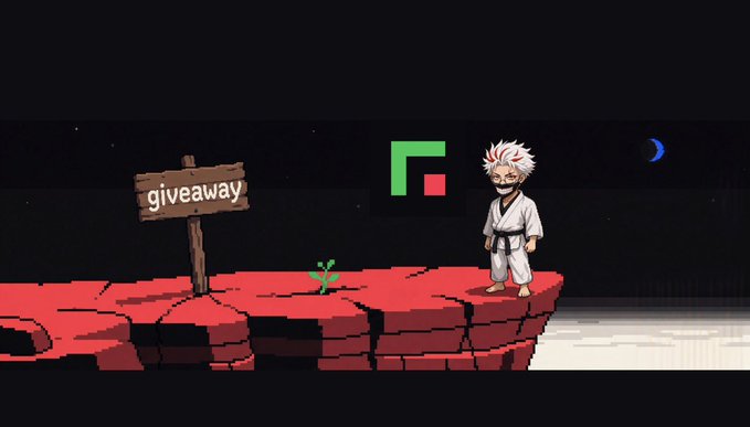 A pixel art scene depicting a white-haired character in a martial arts uniform standing on a red cliff edge next to a 'giveaway' wooden sign, with a green and red logo floating above and a crescent moon in the night sky.