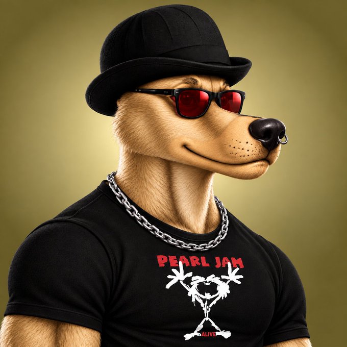 A stylized digital illustration of an anthropomorphic dog wearing a black bowler hat, red sunglasses, a silver chain necklace, and a black Pearl Jam 'Alive' t-shirt.