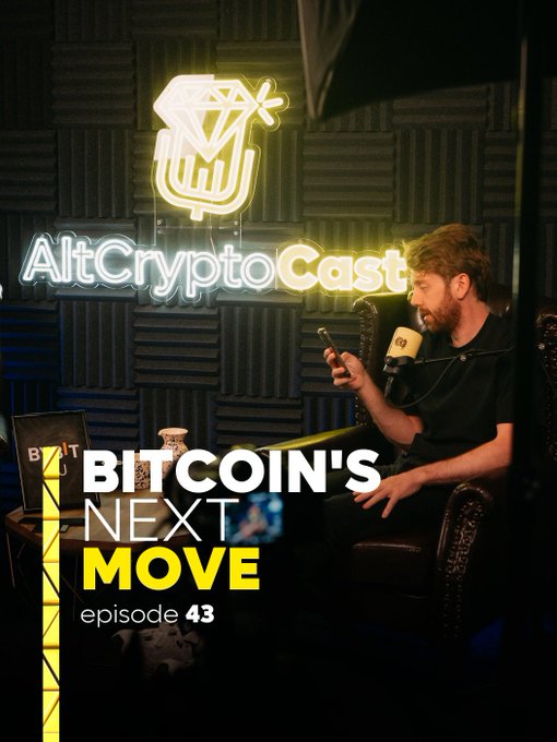A podcast cover for 'AltCryptoCast' episode 43 titled 'BITCOIN'S NEXT MOVE' shows a bearded man in a studio with a neon diamond sign and 'AltCryptoCast' wall text.