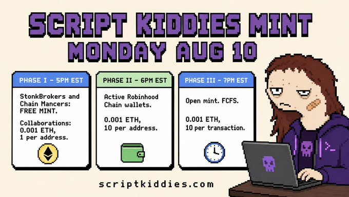 A pixel-art promotional graphic for "Script Kiddies Mint Monday Aug 10" displays a three-phase minting schedule (5PM, 6PM, and 7PM EST) with pricing at 0.001 ETH and a 10-per-address limit, alongside an illustration of a hoodie-wearing hacker character at a laptop. The image directly answers the post's question "r u rdy to mint?" by laying out the exact timing and details needed to participate.