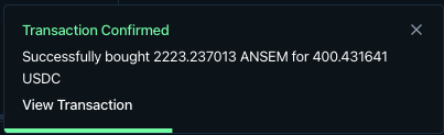 A transaction confirmation notification showing a successful purchase of 2,223.237013 ANSEM tokens for 400.431641 USDC, visually supporting the user's claim of accumulating more ANSEM at under $0.20 via BullpenFi as part of their push toward a 20k bag.