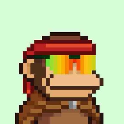 Pixel art portrait of a character wearing a red cap and rainbow-colored pixelated sunglasses against a light green background.