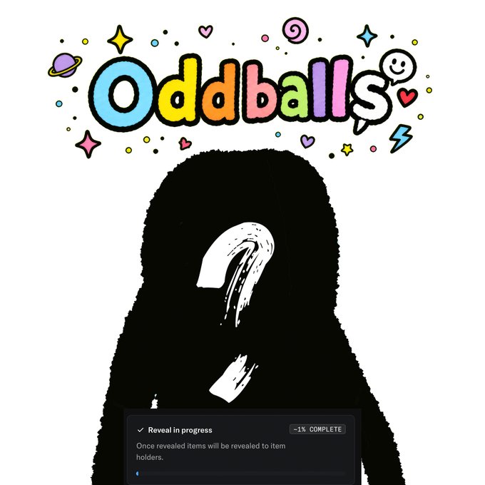 The 'Oddballs' NFT collection logo appears above a black silhouetted figure with a question mark, accompanied by a 'Reveal in progress ~1% COMPLETE' notification.