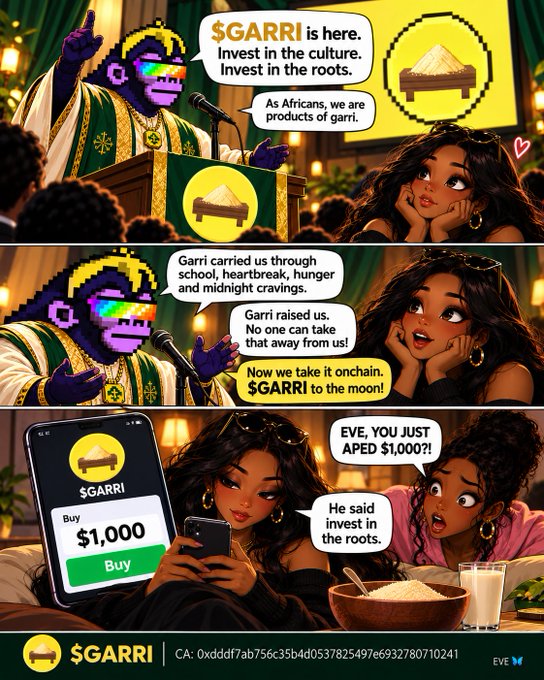 A comic-style image shows a pixel-art priest preaching that "$GARRI is here. Invest in the culture. Invest in the roots" and "As Africans, we are products of garri," prompting a woman to purchase $1,000 of the token on her phone while her shocked friend exclaims "EVE, YOU JUST APED $1,000?!" The meme ties directly to the post's caption by portraying buying the token not as a random ape-in, but as a cultural heritage investment rooted in the African staple food garri.