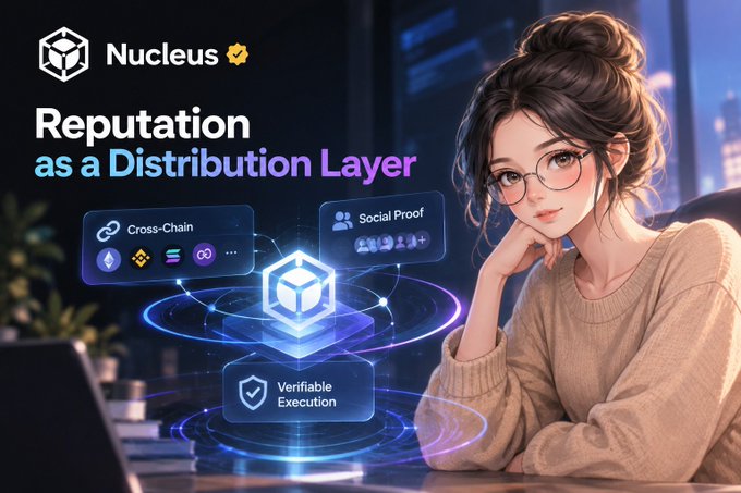 A promotional graphic for 'Nucleus' titled 'Reputation as a Distribution Layer' showing an animated woman with glasses alongside cross-chain, social proof, and verifiable execution features.