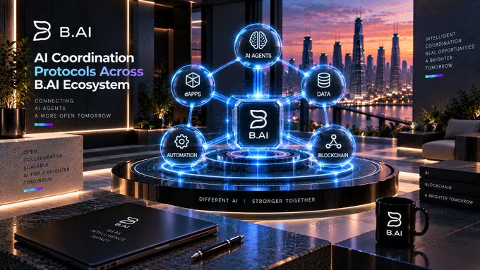 The image displays a futuristic B.AI ecosystem visual featuring interconnected nodes labeled "AI Agents," "dApps," "Data," "Automation," and "Blockchain" surrounding a central B.AI logo, with the heading "AI Coordination Protocols Across B.AI Ecosystem" and tagline "Different AI | Stronger Together." This visual directly illustrates the post's theme by showcasing how B.AI's protocol framework enables AI agents and decentralized applications to interact seamlessly across a unified digital infrastructure.