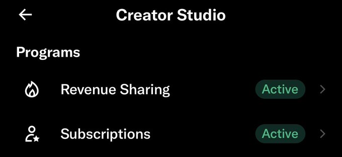 A dark-themed Creator Studio interface showing Programs section with Revenue Sharing and Subscriptions both marked as Active.
