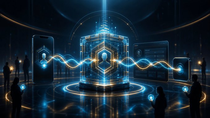 A glowing central hub connects a smartphone, desktop interface, and small device via flowing waves of data, symbolizing the unified "one identity" experience across platforms described in the post about KAI Portal beta's self-custody wallet, encrypted sync, and multi-device security features. Silhouetted users surrounding the scene represent the community-owned aspect of the app, while the interconnected tech illustrates seamless cross-platform access.