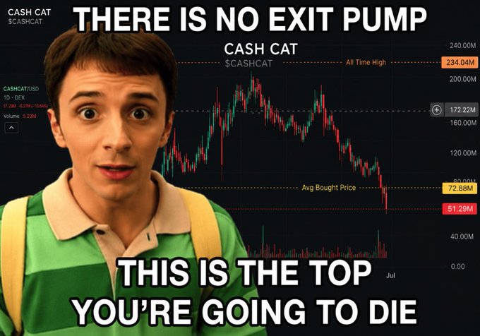 A meme featuring Steve from Minecraft with a shocked expression overlaid on a CASHCAT ($CASHCAT) crypto price chart, with text reading 'THERE IS NO EXIT PUMP' and 'THIS IS THE TOP YOU'RE GOING TO DIE', showing an all-time high of 234.04M.