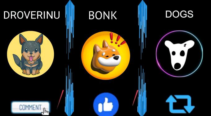 A promotional crypto graphic featuring three memecoins side-by-side: "DROVERINU" with a blue dog illustration and a "COMMENT" button, "BONK" with an excited Shiba Inu and a thumbs-up icon, and "DOGS" with a white dog head silhouette and a retweet arrow, encouraging viewers to engage across the post.