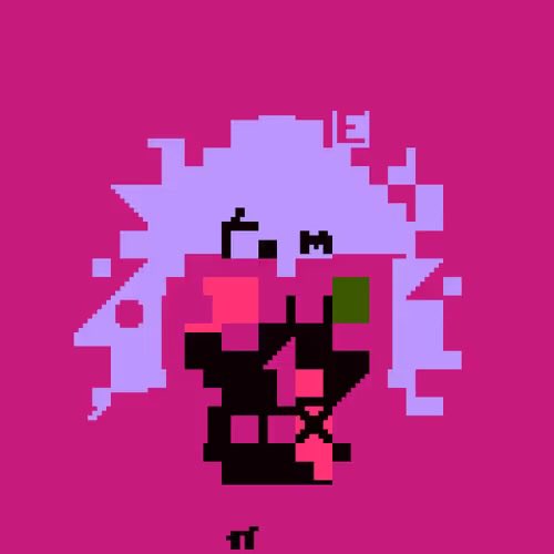 A pixel art image shows a stylized figure with purple hair and dark clothing against a solid magenta background.