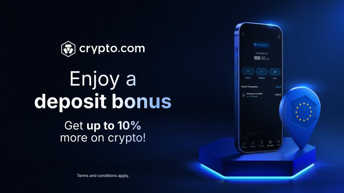 A Crypto.com promotional graphic on a dark blue background advertises a "deposit bonus" offering "Get up to 10% more on crypto!" The ad features the Crypto.com logo, a smartphone displaying the app's deposit interface, and a 3D location pin icon, aligning with the post's message about a limited-time EEA Deposit Bonus for new users running June 22 to July 22.