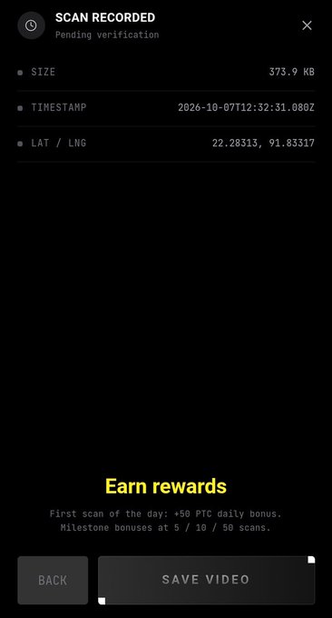 Mobile app screenshot showing 'SCAN RECORDED' with pending verification, displaying size of 373.9 KB, timestamp 2026-10-07, and coordinates 22.28313, 91.83317, with options to earn rewards or save video.