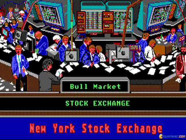 Pixel art graphics for a stock trading simulation game showing a "Bull Market" on the "STOCK EXCHANGE" at the "New York Stock Exchange."