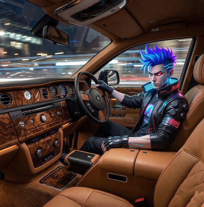 A cyberpunk-styled character with glowing blue hair drives a luxurious wood-trimmed car, fitting the post's theme of sharing crypto advice while navigating the fast-paced crypto world.