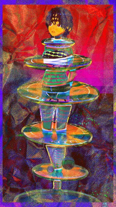 A surreal, glitchy artistic illustration of an anime figure with glasses in stacked transparent discs against a red background.