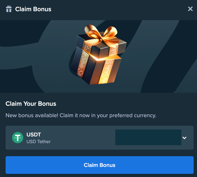 A "Claim Bonus" promotional popup from Stake displaying a gift box illustration, offering a new bonus in USDT (USD Tether) currency, tied to Stake's August Monthly Bonus giveaway where users guess the bonus amount for a chance to win tips.