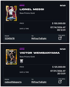 Two digital collectible card listings: Lionel Messi 'Base Prisms Gold' for $150,000.00 and Victor Wembanyama 'Base Prisms Gold' for $125,000.00, both EPIC 9/10.