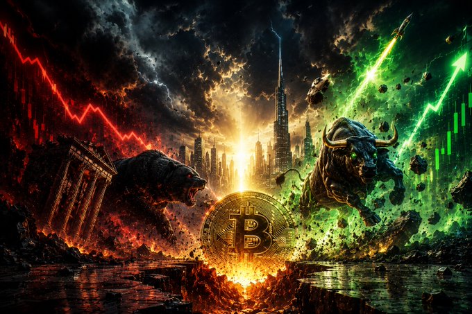 A dramatic digital artwork depicting a bull and bear clash above a city skyline, with a large Bitcoin coin glowing at the center amid red and green energy waves representing bearish and bullish market forces—mirroring the post's theme of a fragile market bounce amid weakening crypto ETF demand and Citi's lowered BTC and ETH price targets.