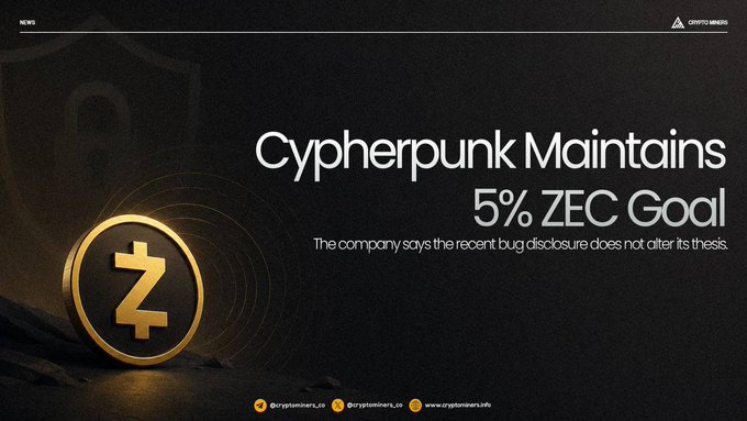 The image shows a gold coin with a zerpline graphic design on its bottom, displaying the text "Cyberpunk maintains 5% ZEC Goal." The golden coin also features two logos, one of which is a yellow and black logo indicating that it's an online cryptocurrency marketplace called "Zec."