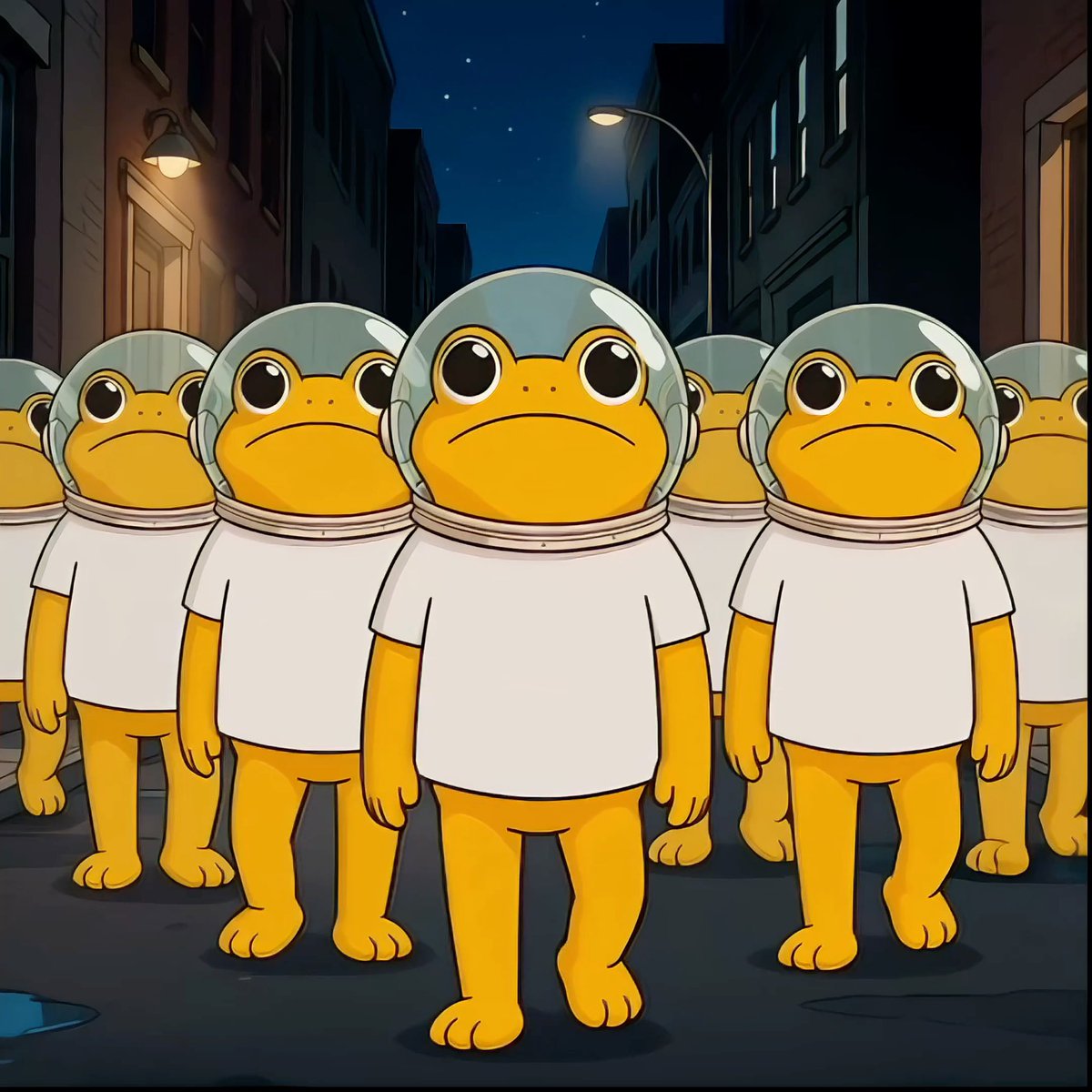 A cartoon illustration of a group of sad-looking yellow frog-like creatures wearing white t-shirts and glass helmets standing together on a city street at night.