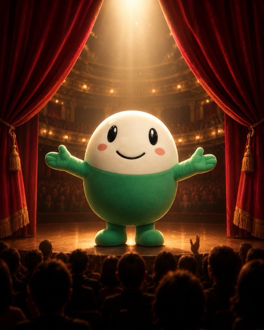 A cute egg-shaped character with a green outfit stands center stage under spotlights in a theater, taking a bow before an audience with arms outstretched.