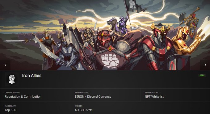 An "Iron Allies" campaign page displays a lineup of armored knights alongside a skull banner, detailing a $IRON Discord currency and NFT whitelist reward with 4 days, 6 hours, and 57 minutes remaining. This aligns with the post's discussion of Nucleus reputation scores and the upcoming September 1 Iron Allies mint, emphasizing the project's focus on rewarding genuine onchain history.