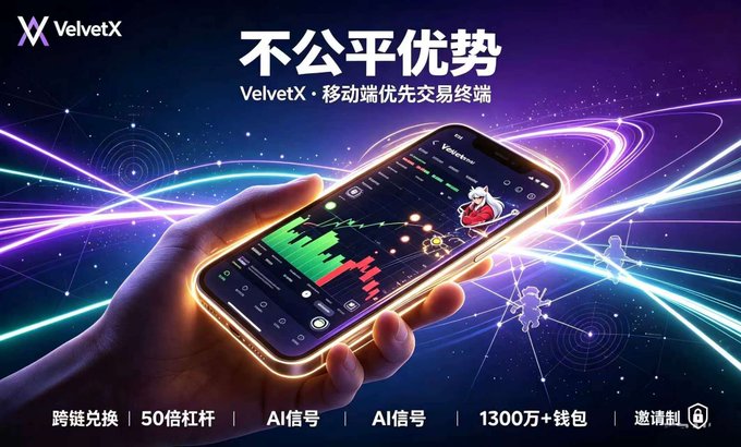 An advertisement for the VelvetX mobile trading terminal, showing a hand holding a smartphone displaying a trading chart, with Chinese text including '不公平优势' (Unfair Advantage) and features like '跨链兑换' (Cross-chain exchange) and '50倍杠杆' (50x leverage).